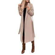 Juebong Women Winter Mid-Length Peacoat Lapel Cardigan Woolen Fleece Coat with Belt Rollback or Clearance